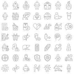 Set of 50 obesity and health problem line icons vector
