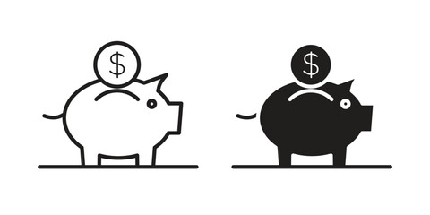 Piggy bank icon flat and stroke style pack on white background. Vector illustrations