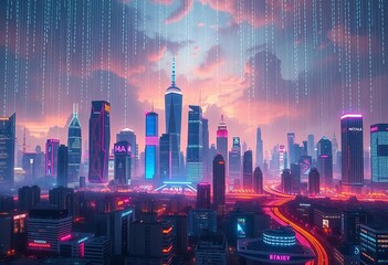 Abstract futuristic cityscape with binary code rain, AI-powered network, and cloud data streams,   digital,  internet