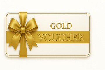 A luxurious gold voucher gift card adorned with a prominent gold satin ribbon and bow