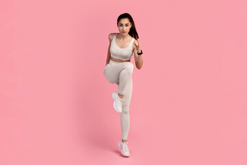 Energy And Workout. Full Length Portrait Of Confident Fit Young Woman Wearing Running Towards...
