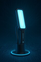 Futuristic blue light emitting device on a circuit board pattern background