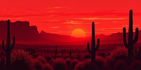 Abstract Texas desert landscape, red sunset, mountains, cacti silhouettes Vector art,  dry,  background
