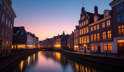 Obraz premium A beautiful evening scene along a canal, with charming historical buildings lining the water