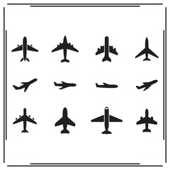 Black Airplane Silhouettes Set - Various Jet and Plane Shapes, Aviation Icons, Flight Symbols, Air Travel Design Elements for Commercial and Creative Use
