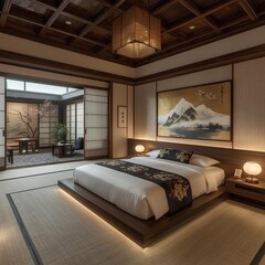  A breathtaking, ultra-luxurious Japanese ryotei-style hotel guest room, blending refined wabi-sabi minimalism with ornate elegance 