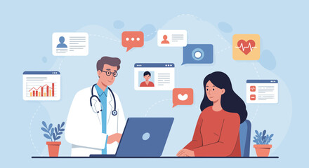 Compassionate doctor consults patient online with laptop for telehealth appointment, modern healthcare solution