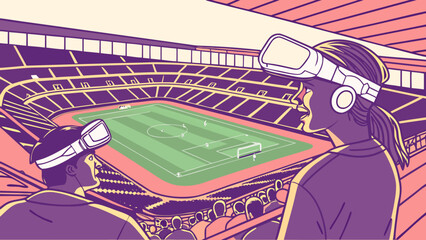 People wearing vr headsets watching soccer game at stadium with spectators and field view in illustration