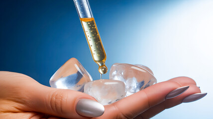 Clear ice cubes held in a hand, as a serum from a dropper drips onto the surface, symbolizing skincare, freshness, and rejuvenation in a clean background.
