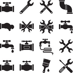 Black vector icons of construction work tools, a complete set of repair and hand instrument silhouettes
