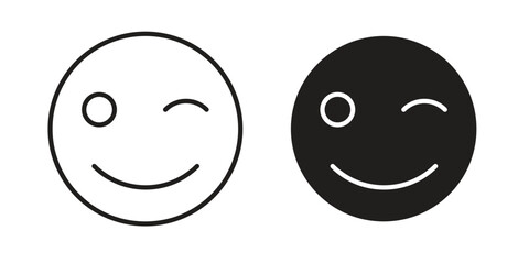 Smile wink icon flat and stroke style pack on white background. Vector illustrations