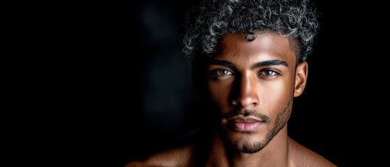 Young man with curly hair posing against a dark background