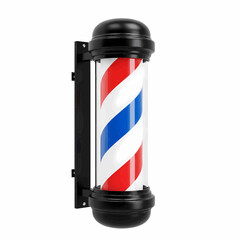 An iconic barber shop pole with classic red, white, and blue stripes, a symbol of grooming and hairstyling, isolated on a white background.