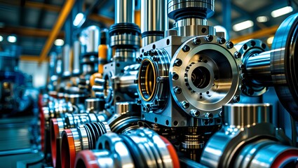 Obraz premium A close-up of intricate industrial machinery, showing metal components such as gears, valves, and seals