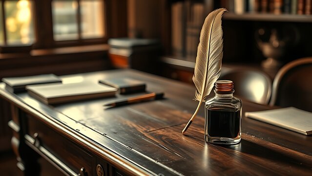 A vintage wooden desk featuring a feather quill and ink bottle in warm light. - Powered by Adobe