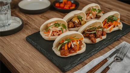 Modern-style bao buns with vibrant fillings served on a slate plate, styled cleanly for contemporary street food photography.