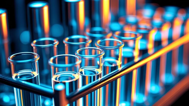 : A close-up shot of a row of laboratory test tubes placed in a metal rack