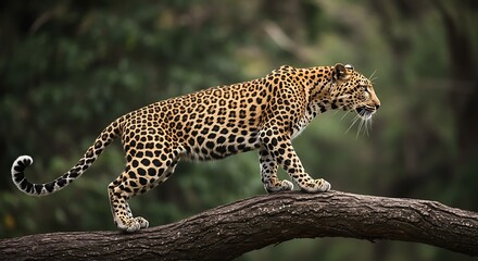 Leopard Prowling on Branch, Focused Gaze, Spotted Coat, Wildlife Portrait