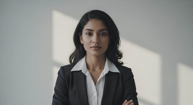 Young Indian woman in business suit standing against a light wall