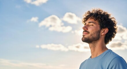 Peaceful man enjoying fresh air and sunshine with eyes closed under blue sky with copy space.