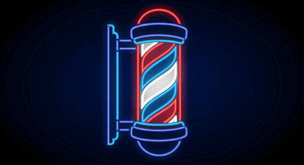Glowing neon barber pole sign with red, white, and blue stripes. Retro barbershop or hair salon symbol isolated on a dark background.