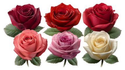 Six beautiful roses in various colors isolated on transparent background
