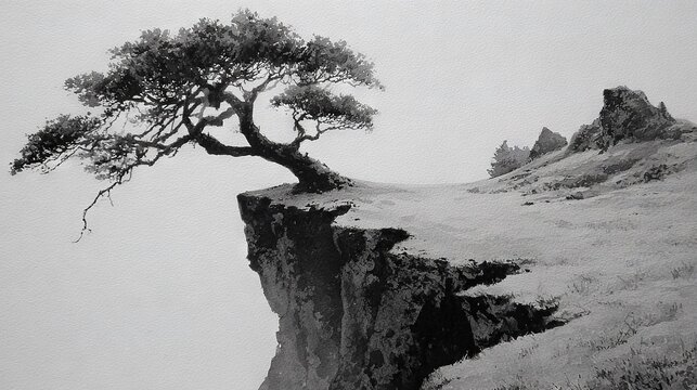   A monochrome snapshot depicts a solitary tree on the brink of a precipice, with a rugged cliff behind it