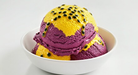 A passion fruit ice cream topped with passion fruit seeds