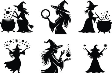 Set of witches silhouettes flying on a broomstick, a Magic female in a witch hat. Which SVG of a scary personage.