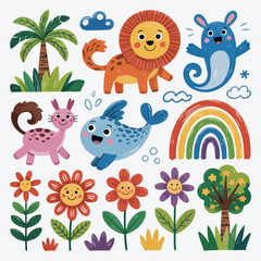 Obraz premium Cute seamless pattern with a collection of funny baby animals, including an owl, duck, and elephant, perfect for kids' designs