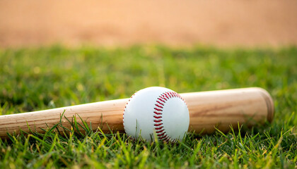 Wooden baseball bat and ball on green grass. Sport game, leisure.