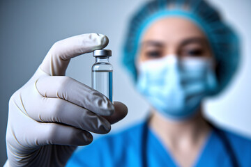 Close up of female scientist’s gloved hand carefully holding a vial with clear liquid
