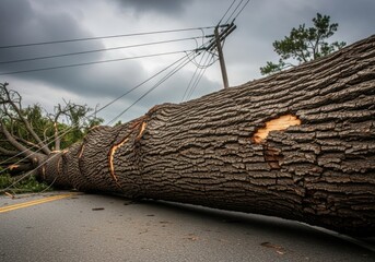 A large downed tree blocks a road after a severe storm