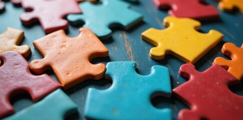 Team building jigsaw puzzle activity Close-up of puzzle pieces , business, workshop