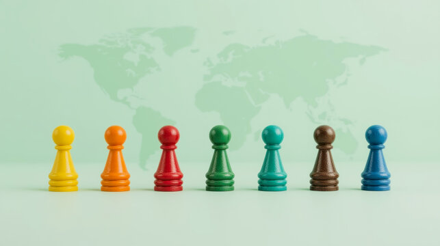 Colorful game pieces lined up in front of a world map backdrop