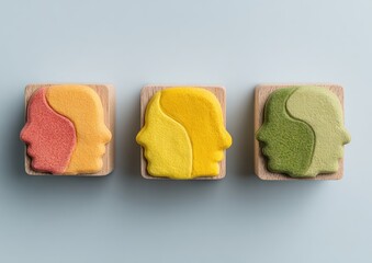 Three colorful head shapes on wooden blocks, arranged horizontally