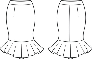 Women's Flared Hem Skirt Technical Flat Sketch, Front and Back Views, Elegant Fashion Apparel Design, Midi Pencil Skirt Vector, Product Development Template.