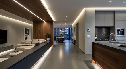 Modern Open-Plan Living Area with Sleek Lighting and Dark Wood Accents