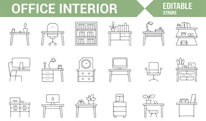 Simple Office Interior Icons for Workspace and Office Environment Design