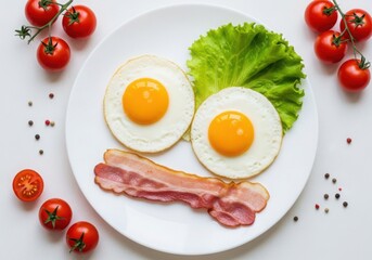 A playful breakfast plate with eggs, bacon, and tomatoes arranged as a smiley face