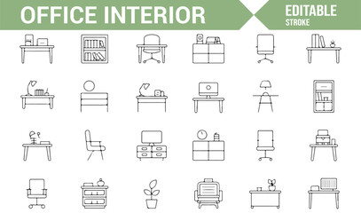 Fototapeta premium Icon Collection Representing Office Furniture, Equipment, and Workspaces