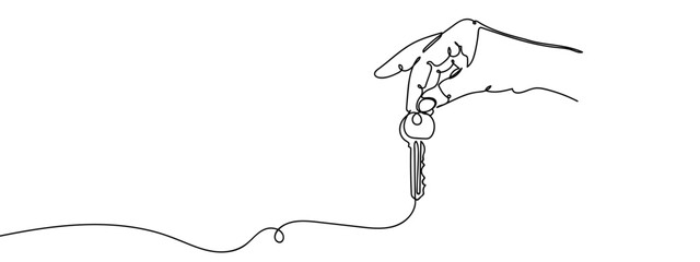 Continuous vector art line. Hand is unlocking the key. Transparent background. editable stroke.
