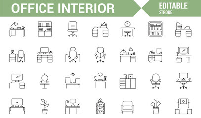 Set of Office Furniture and Workspace Icons for Digital and Web Design