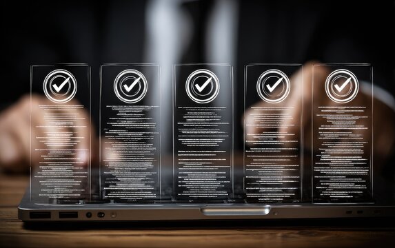 Business hands over a laptop, interacting with holographic checklists with checkmarks