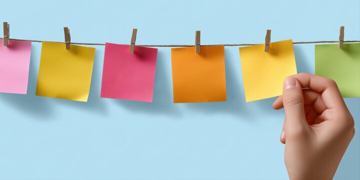 Hand holding colored sticky note on clothesline against blue background