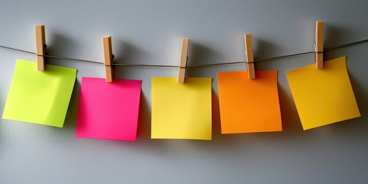 Colorful sticky notes on twine with clothespins against gray wall
