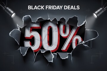 A dynamic Black Friday sale poster with a 50 percent discount bursting through a dark background under spotlights.
