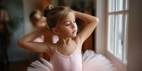 Young caucasian female child in pink ballet costume near window