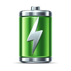  A shiny green battery icon, cylindrical shape with silver metallic top and bottom 