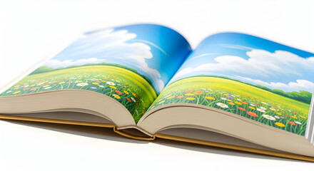 Open colorful illustrated landscape book showing vibrant green fields blue sky with fluffy clouds and distant townscape perfect for nature education or travel themes